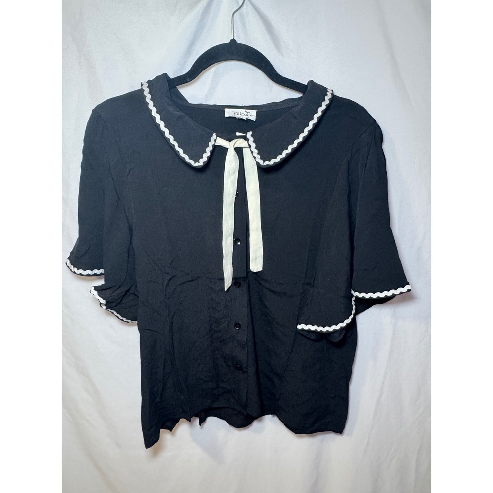 Tulip B Rickrack Trim Blouse Women Large Black NWT Coquette Style